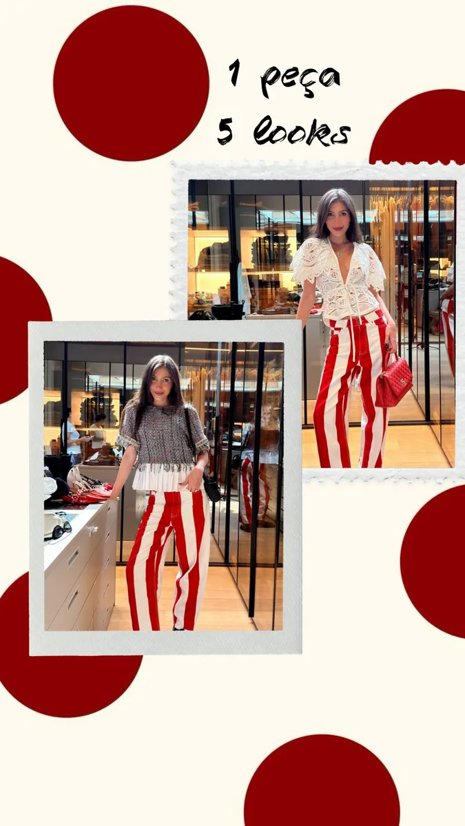 Monique Dias usando calça listrada vermelha e branca